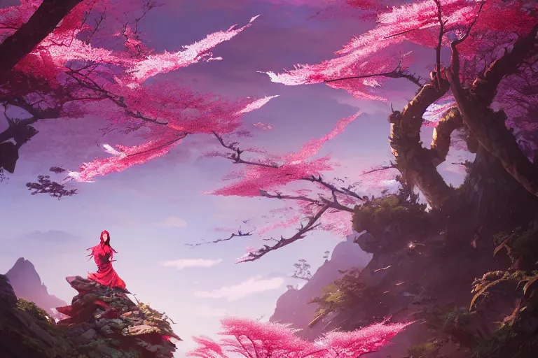 Image similar to wuxia, dragon, cherry blossoms, unreal engine, fantasy art by greg rutkowski, loish, rhads, ferdinand knab, makoto shinkai and lois van baarle, ilya kuvshinov, rossdraws, tom bagshaw, global illumination, radiant light, detailed and intricate environment