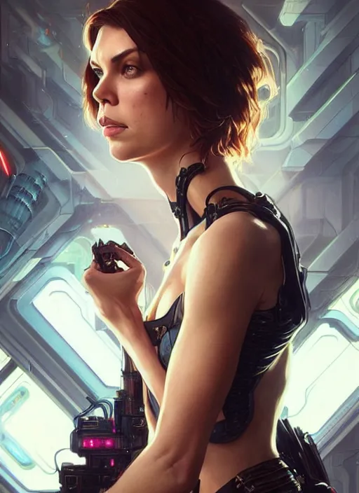 Image similar to lauren cohan with cyberpunk implants,, incredibly detailed face, pretty face, light dress, deep focus, fantasy, intricate, elegant, digital painting, artstation, concept art, matte, sharp focus, true anatomy, art by artgerm and greg rutkowski and alphonse mucha