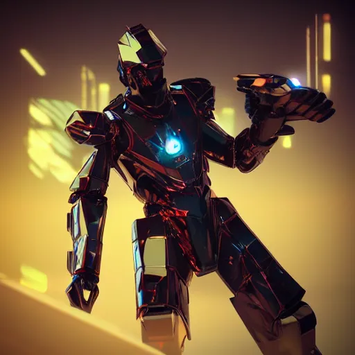 Image similar to “ shiny black angular polygonal sci - fi armor cinematic shot dynamic pose red glowing lines deviant art art station 4 k octane render bloom effect ”