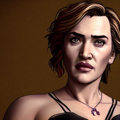 Image similar to kate winslet portrait, borderlands, tales from the borderlands, the wolf among us, comic, cinematic lighting, studio quality, 8 k