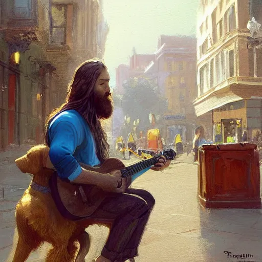 Image similar to oil painting of a young man with long hair blond and a beard hippie style with his golden retrever dog playing guitar in the square for money, people watching around, by greg rutkowski, artstation