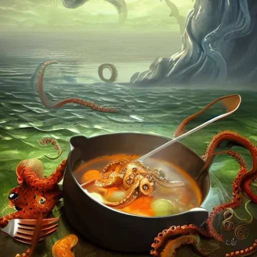 Image similar to octopus cooking soup among clouds fantasy illustration, trending on artstation, deviantart, very realistic, 4k