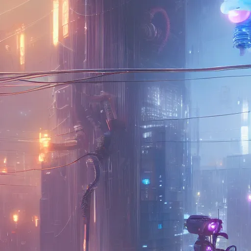 Prompt: cyberpunk jellyfishes, cables, futuristic hi-tech details, art by anthony macbain + greg rutkowski + alphonse mucha, concept art, 4k, sharp focus, cinematic unreal engine