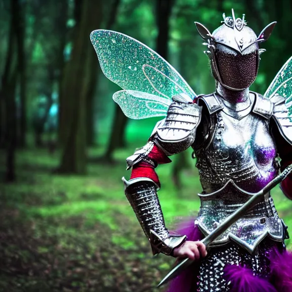 Image similar to full length photo of a fairy warrior wearing sparkly armour, highly detailed, 4 k, hdr, smooth, sharp focus, high resolution, award - winning photo