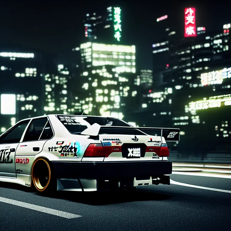 Prompt: Toyota JZX90 Drift, detailed-wheels, Shibuya prefecture, cinematic lighting, photorealistic, night photography, octane render