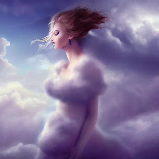 Image similar to goddess wearing a cloud fashion on the clouds, photoshop, colossal, creative, albino skin, giant, digital art, photo manipulation, clouds, covered in clouds, girl clouds, on clouds, covered by clouds, a plane flying, white hair, digital painting, artstation