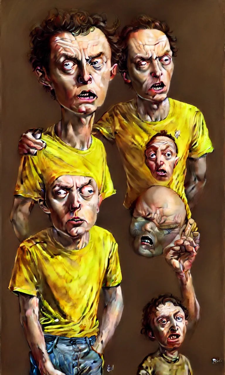 Image similar to hyper realistic grotesque portrait of an young dumb roundheaded morty, from rick and morty, worried, yellow t - shirt, portal in the background, by lee bermejo, alphonse mucha and greg rutkowski