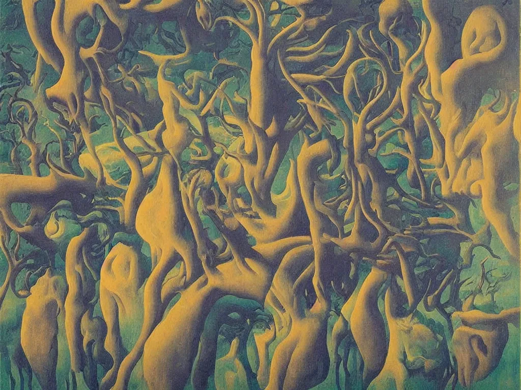 Image similar to dreamless night, sweaty mountain, the antler people, African mask, acid rains. Painting by Rene Magritte, Jean Delville, Max Ernst, Maria Sybilla Merian