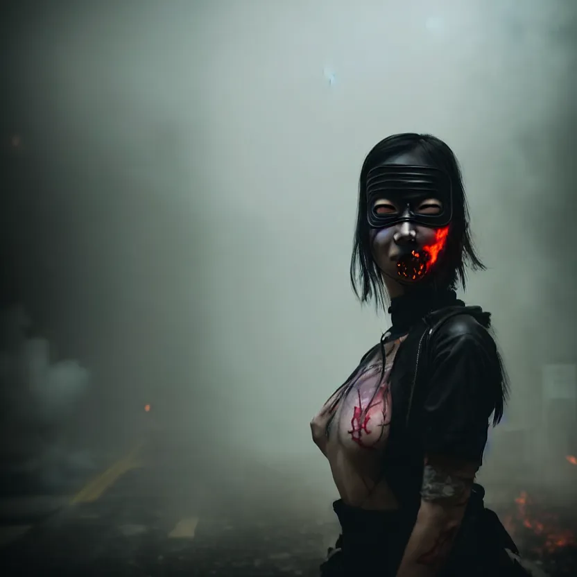 Image similar to a photo close up cyberpunk woman, wearing ninja mask, fire dance in cyberpunk dirty alley, smoke mist rain, cyberpunk gunma prefecture, midnight, photorealistic, cinematic color, studio lighting, highly detailed, bokeh, style by tomino - sama