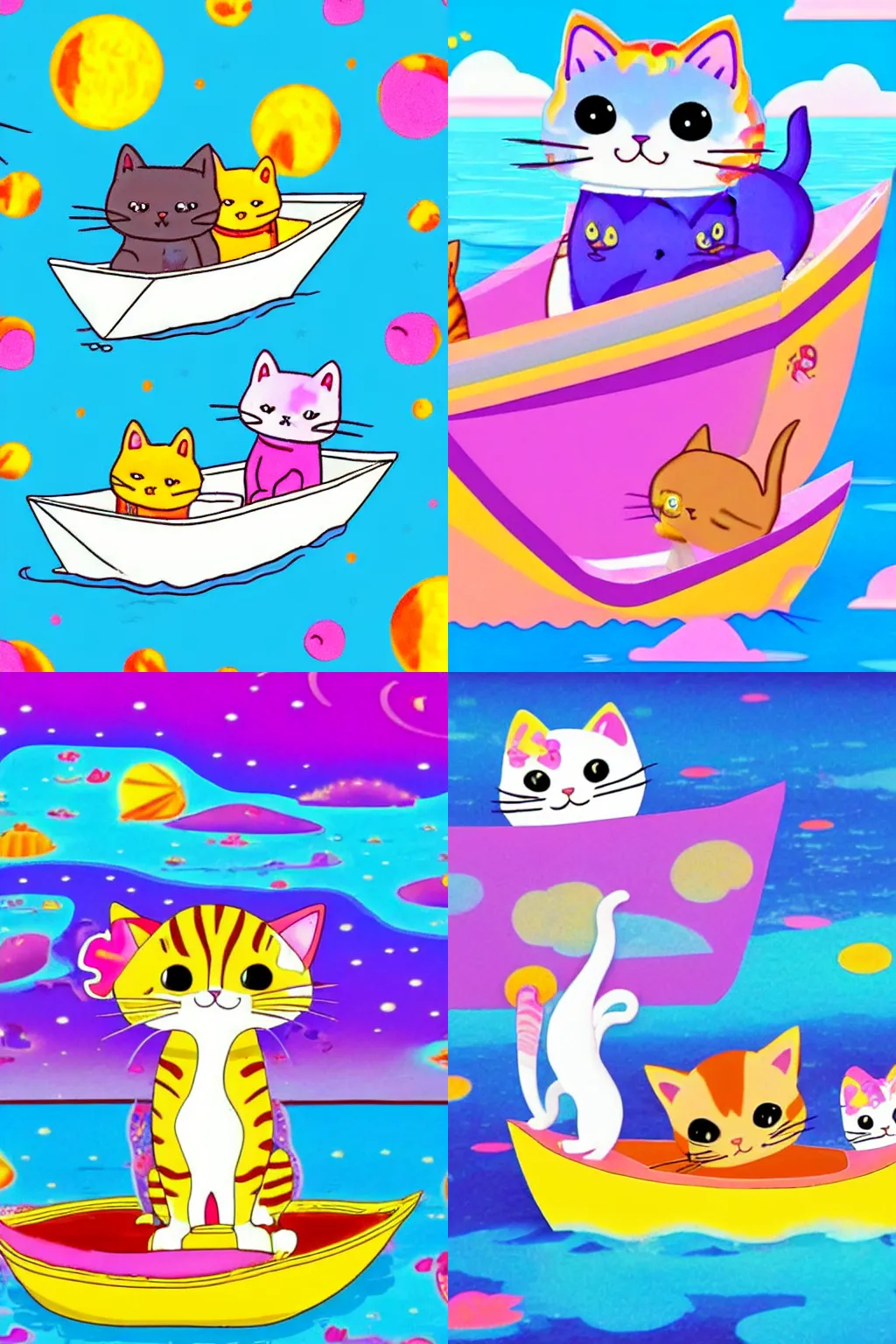 Prompt: a cat on a paper boat at sea + cute + adorable animation + lisa frank + kawaii