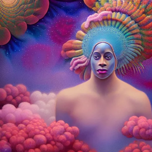 Image similar to obatala the cosmic god sitting in a cabana made of nebula clouds, by Adi granov and afarin sajedi and amanda sage and evgeni gordiets and Agostino Arrivabene in a psychedelic portrait style, ultrarealistic matte painting, volumetric lighting, fractal, extremely symmetrical, highly detailed face, orisha, 8k, hd