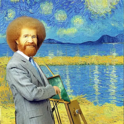 Image similar to ! bob ross! at his easel, painting a van gogh picture