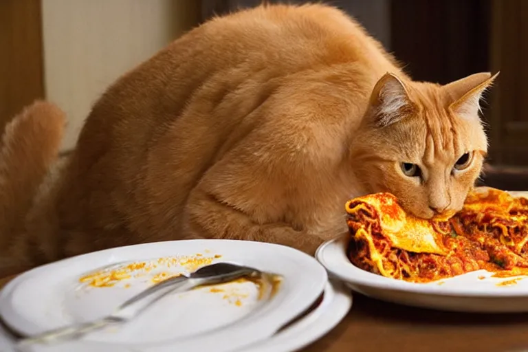 Image similar to large overweight orange cat eating lasagna by Roger Deakins