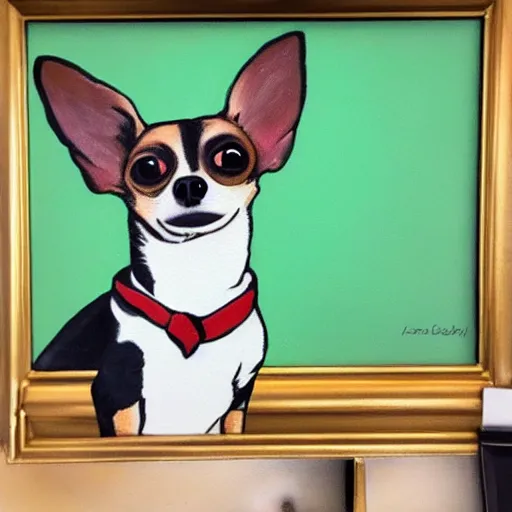 Image similar to a painting of a chihuahua smoking weed in an office