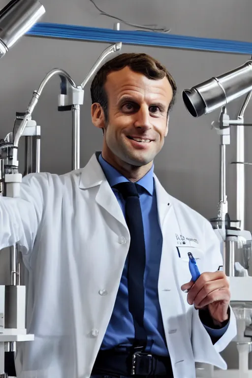Image similar to emmanuel macron standing in a lab while wearing a lab coat and gloves, highly detailed, digital art, sharp focus, trending on art station