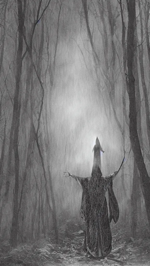 Prompt: photo of a mystical figure in occult robes in a dark misty forest opens a portal to hell, highly detailed, horror, epic