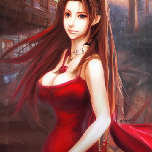 Image similar to oil painted portrait of aerith gainsborough from from final fantasy 7 in her signature red dress with the steam punk city midgard as backdrop, by master artist yoshitaka amano trending on artstation