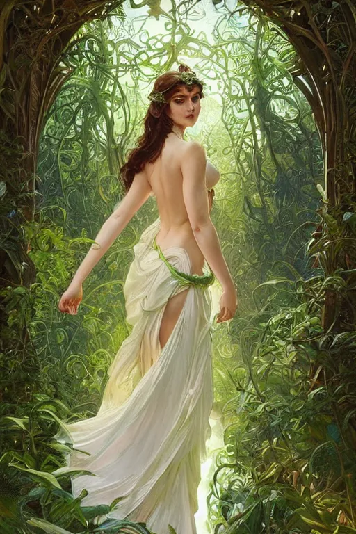 Prompt: beautiful young female goddess!! in white silk clothing covered in vibrant green vines, intricate, magical forest, stunning, highly detailed, digital painting, artstation, smooth, hard focus, illustration, art by artgerm and greg rutkowski and alphonse mucha