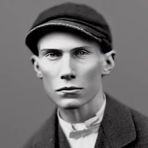 Image similar to A photograph portrait of Jerma985 wearing a newsboy cap in the early 1900s, taken in the early 1900s, grainy, taken on a early 1900s Kodak Camera, realistic, hyperrealistic, very realistic, highly detailed, very detailed, extremely detailed, detailed, digital art, trending on artstation