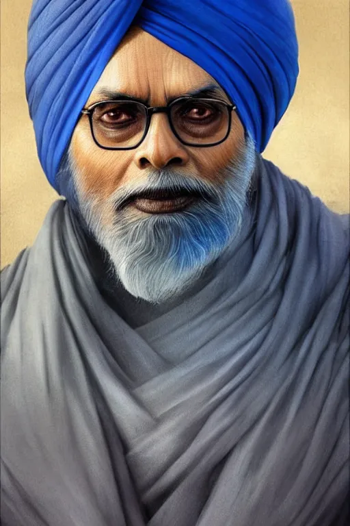 Image similar to Manmohan Singh as Krish, Krish costume, Manmohan Singh blue turban, Krish body type, Manmohan Singh Face, calm, grumpy, portrait, masculine figure, highly detailed, digital painting, artstation, concept art, smooth, sharp focus, illustration, cinematic lighting, art by artgerm and greg rutkowski and alphonse mucha