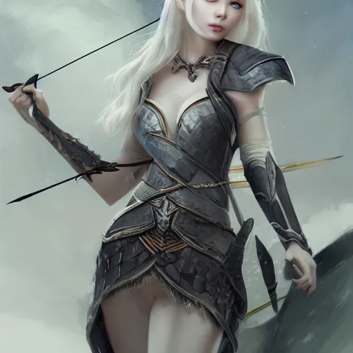 Prompt: realistic beautiful gorgeous natural cute fantasy badass epic elven archer girl white blonde hair art drawn full HD 4K highest quality in artstyle by professional artists WLOP, Taejune Kim, yan gisuka, JeonSeok Lee, artgerm, Ross draws, Zeronis, Chengwei Pan on Artstation