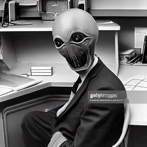 Image similar to Alien wearing a suit working a desk job at Area 51 in the 1960s