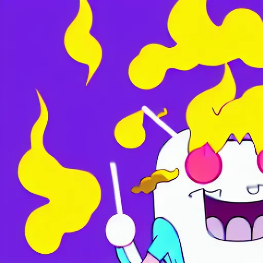 Image similar to kawaii wacky fluffy popcorn with lightning bolt power, yokai, in the style of an adventure time character, with a smiling face and flames for hair, sitting on a lotus flower, white background, simple, clean composition, symmetrical
