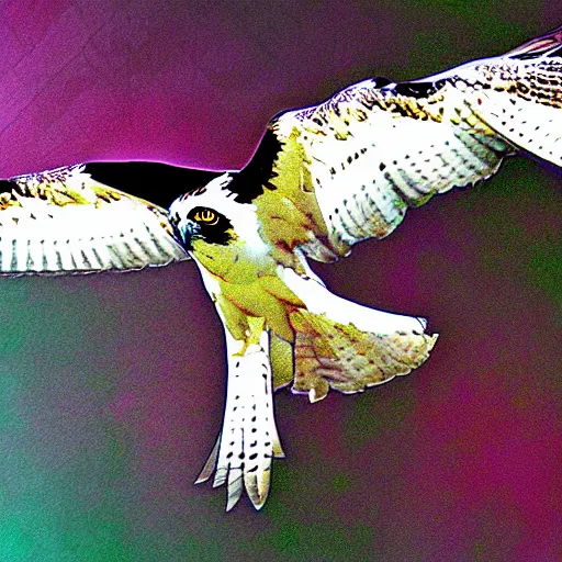 Image similar to extremely detailed cartoon osprey looking directly into camera psychedelic