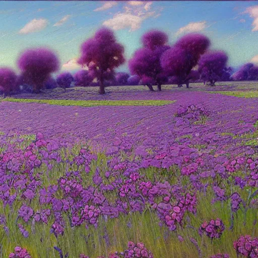 Image similar to a painting of purple flowers in a field, a matte painting by Edward Okuń, featured on deviantart, american impressionism, matte painting, anime aesthetic, matte drawing, pastel