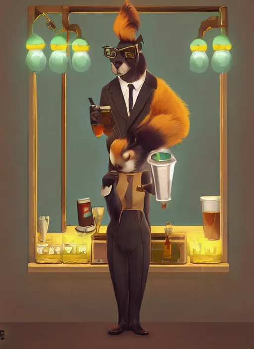 Prompt: squirrel anthro as a dapper bartender with a big, fluffy tail, retro futurism, art deco, detailed painterly digital art by WLOP and Cory Loftis, 🍋, furaffinity, trending on artstation