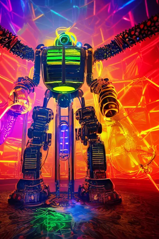 Image similar to portrait photo of a giant huge golden and blue metal futuristic steampunk robot covered with multicolored big gears and tubes, eyes are glowing red lightbulbs, robot holds a huge red electric guitar, shiny crisp finish, 3 d render, 8 k, insaneley detailed, fluorescent colors, background is multicolored lasershow