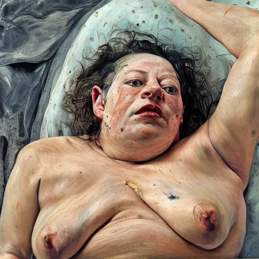 Image similar to high quality high detail painting by lucian freud and jenny saville, hd, mutation, turquoise