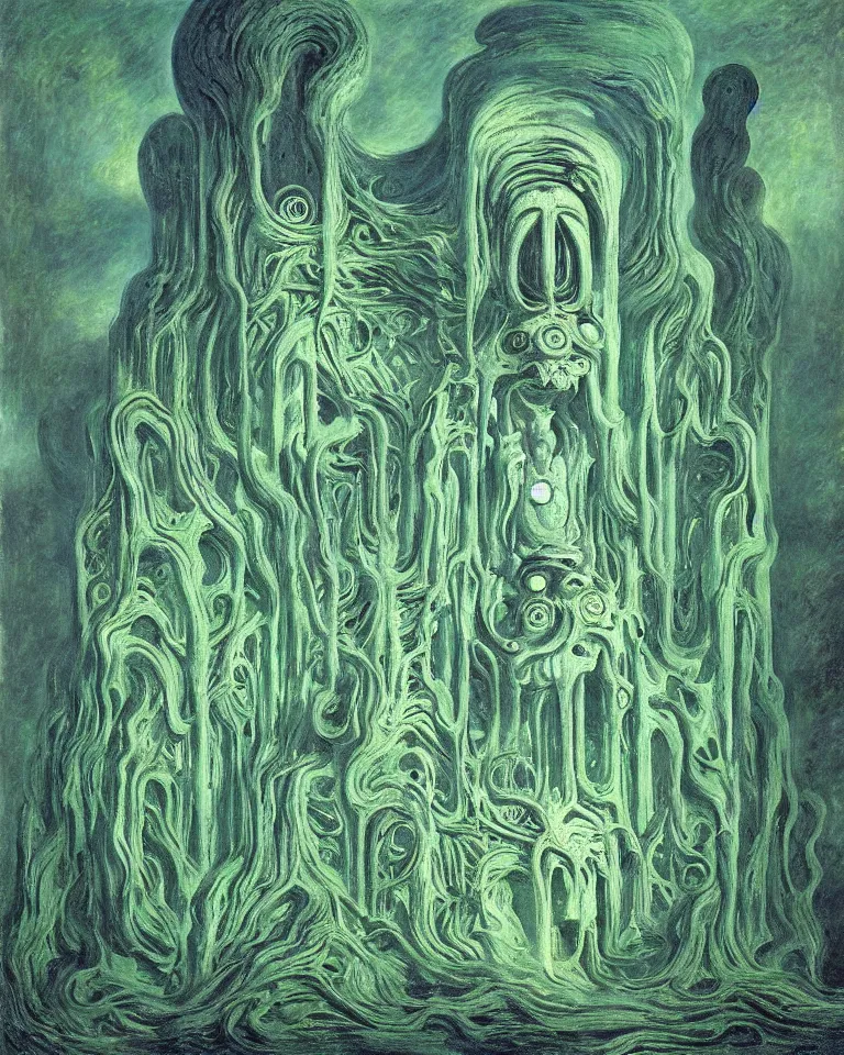 Image similar to achingly beautiful painting of intricate ancient giger alien structure on jade background by rene magritte, monet, and turner. giovanni battista piranesi.