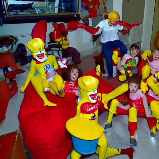 Image similar to ronald mcdonald violently invading a childrens' sleepover