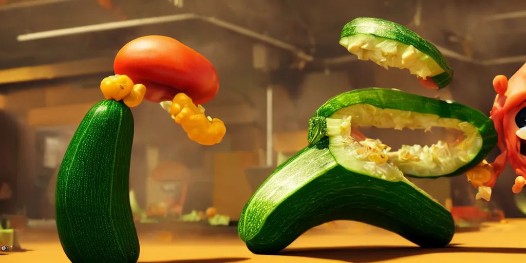 Image similar to detailed 3 d render of a raging zucchini!! character chasing!! down a desperate tomato!, high speed action, explosions, dramatic scene, hyper realistic octane render, cinematic lighting, deviantart, black sky, lowbrow, frame from pixar movie