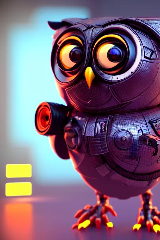 Image similar to high quality 3 d render very cute cyborg owl! with boombox!, cyberpunk highly detailed, unreal engine cinematic smooth, in the style of blade runner & detective pikachu, hannah yata charlie immer, moody light, low angle, uhd 8 k, sharp focus