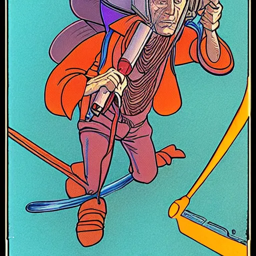 Image similar to drawn in the style of jean giraud!! moebius!! rackham the red wearing headphones and speaking into big microphone, podcast studio