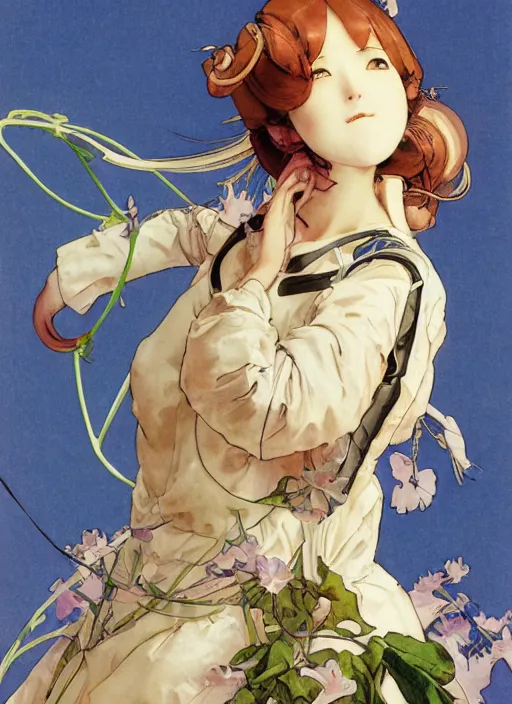 Prompt: a copic maker art nouveau portrait of a japanese anime girl detailed features wearing weeding puffy dress and a pilot suit designed by balenciaga by john berkey, norman rockwell akihiko yoshida