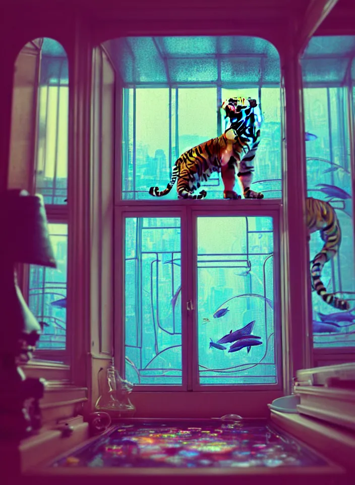 Image similar to telephoto 7 0 mm f / 2. 8 iso 2 0 0 photograph depicting the feeling of chrysalism in a cosy safe cluttered french sci - fi ( ( art nouveau ) ) cyberpunk apartment in a pastel dreamstate art cinema style. ( tiger ) ( ( fish tank ) ), ambient light.