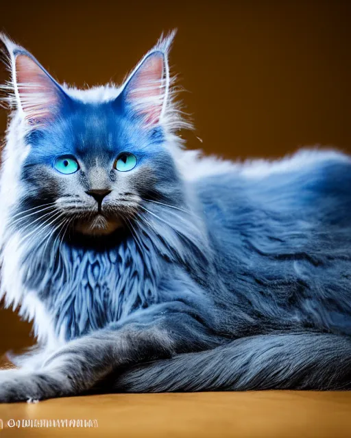 Prompt: An extremely beautiful studio photo of a blue Maine Coon cat (it\'s a cat but it\'s bright blue), bokeh, 90mm, f/1.4