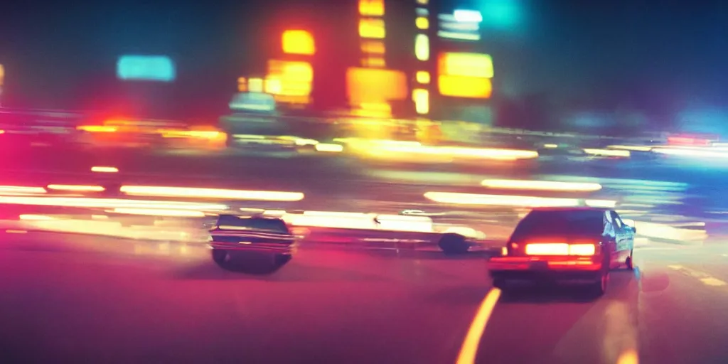 Image similar to 8 0 s neon movie still, high speed car chase on the highway at night with bright city in background, medium format color photography, 8 k resolution, movie directed by kar wai wong, hyperrealistic, photorealistic, high definition, highly detailed, tehnicolor, anamorphic lens, award - winning photography, masterpiece