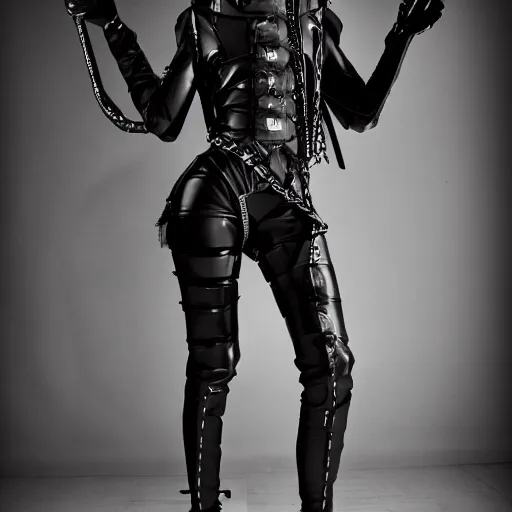 Image similar to fashion photography of an extraterrestrial model, holding a leather whip, wearing demobaza fashion, inside berghain, berlin fashion, harness, futuristic fashion, dark minimal outfit, photo 3 5 mm leica, hyperdetail, berghain, 8 k, very detailed, photo by nick knight