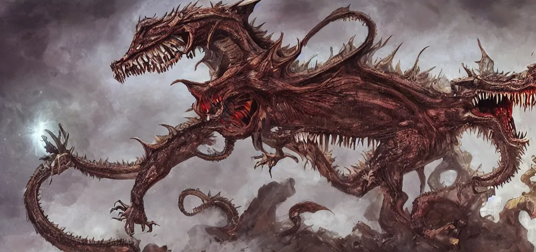 Image similar to concept art of dragon attack, lovecraftian, lots of teeth, melting horror, feathers, fighting the horrors of the unknown with laser guns