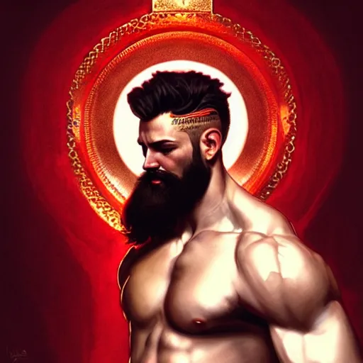 Image similar to portrait of a heavenly god, male, red and white and gold, masculine, beard, upper body, muscular, fantasy, intricate, elegant, dramatic lighting, highly detailed, digital painting, artstation, concept art, matte, sharp focus, illustration, art by artgerm and greg rutkowski and alphonse mucha