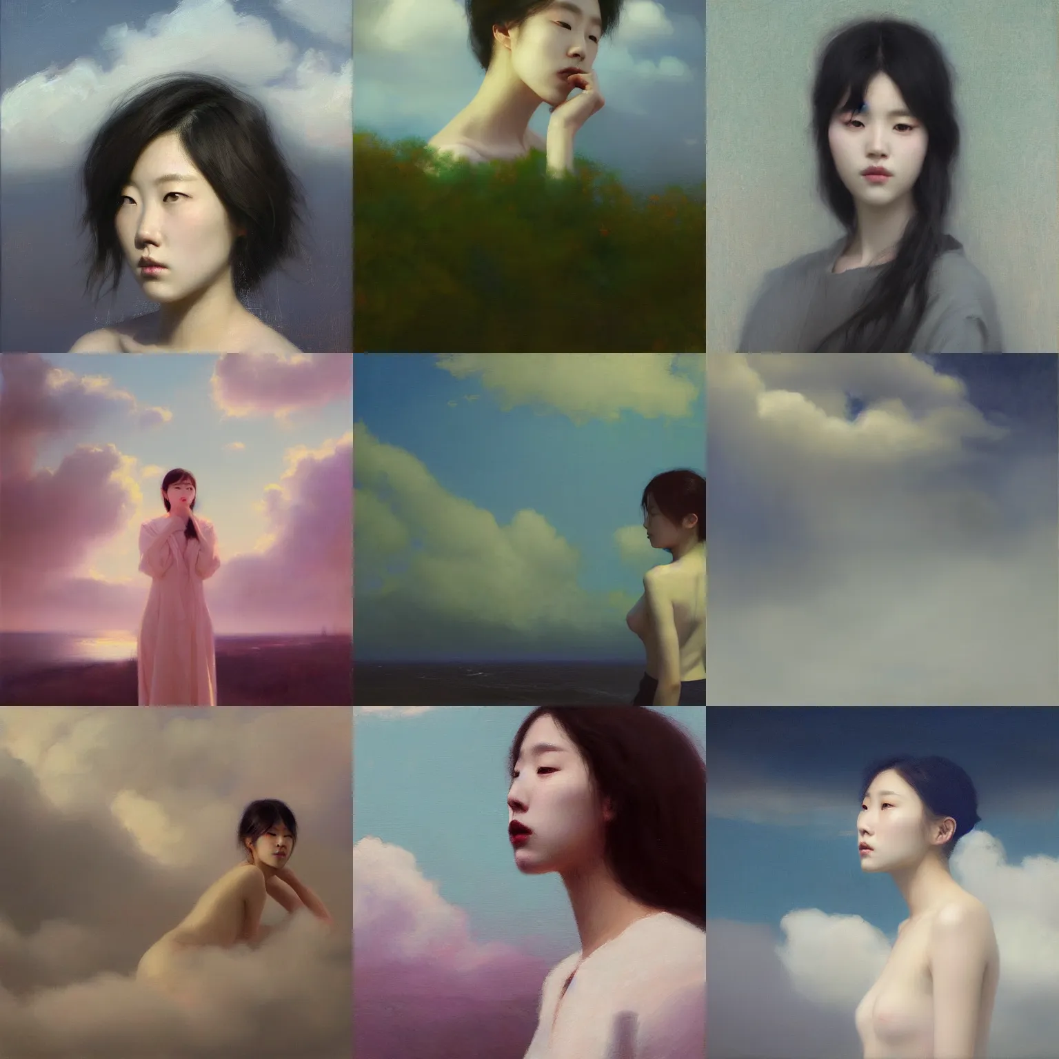 Prompt: lee jin - eun emerging dreamy clouds in vaporwave theme by jeremy lipkin, rule of thirds, seductive look, beautiful