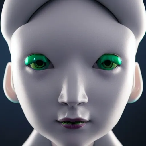 Image similar to 3 d render portrait of a female porcelain robot, symmetrical, mid thirties, cute round green slanted eyes, porcelain skin, wide nostrils, chubby cheeks, high flat eyebrows, ethereal essence, angelic, tiny mouth, leica 1 0 0 mm f 0. 8