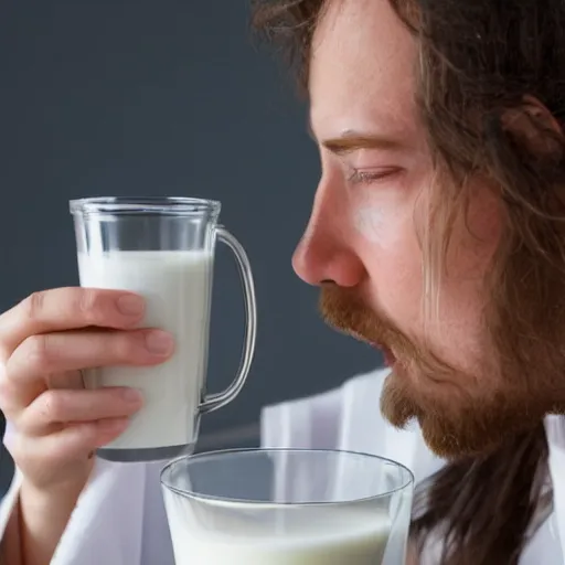 Image similar to milk is flowing like a river out of a scientist's mouth and it is flowing into the mouth of an android