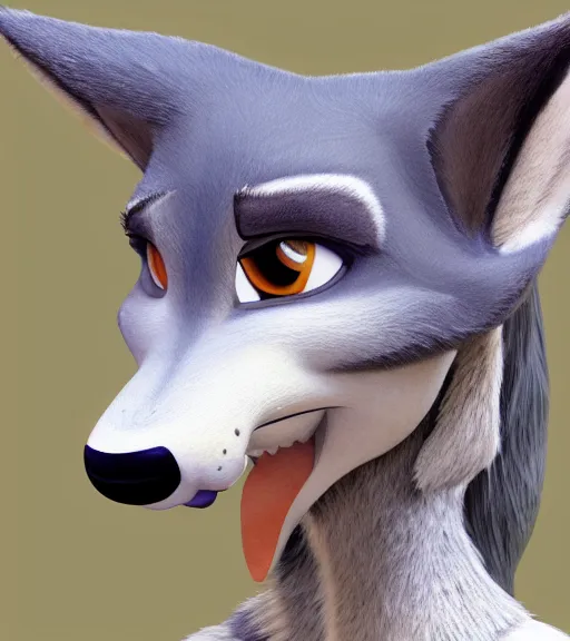 Image similar to painting bust of anthromorphic female wolf, in style of zootopia, zootopia, zootopia, fursona, furry, furaffinity, 4 k, deviantart, furry art, fursona art, wearing black business suit, business suit, in style of zootopia, wolf fursona, cyberpunk, female, expressive detailed feminine face,