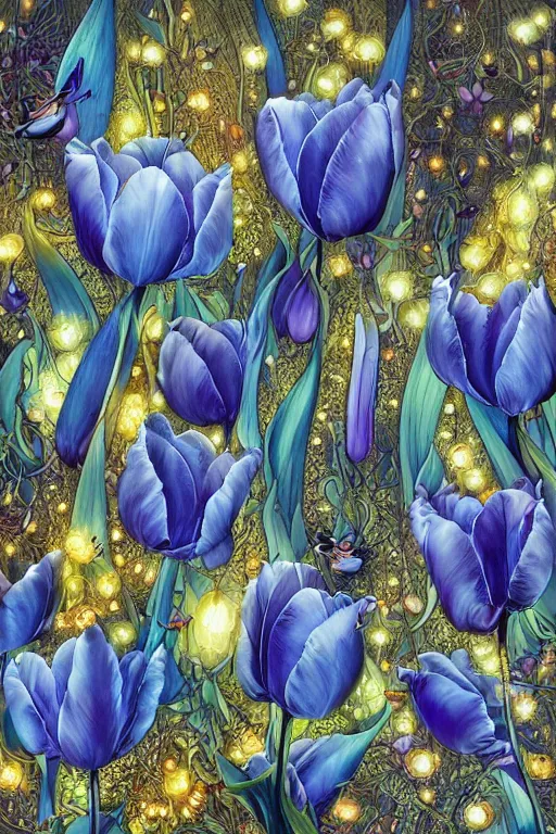 Prompt: beautiful digital matte painting of whimsical botanical illustration black and blue tulips with fireflies enchanted dark background dark contrast by android jones