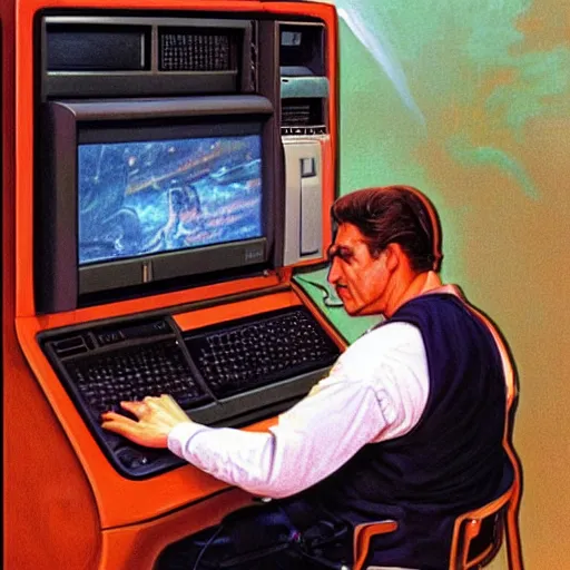 Image similar to man sitting in front of retro 80s computer smoking a cigarette, camera behind, art by Donato Giancola and James Gurney, digital art, trending on artstation